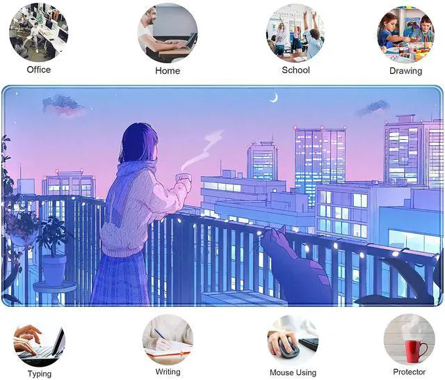 Alt view image 5 of 6 - KEHIPI Purple Anime Kawaii Desk Mat Mousepad Cute Cat XXL Large Gaming Japanese Girly Aesthetic Mouse Pad Tokyo Street Desk Mat 31.5x15.75 in, Girl Gamer Desktop Mat Computer Laptop Keyboard Mouse Mat
