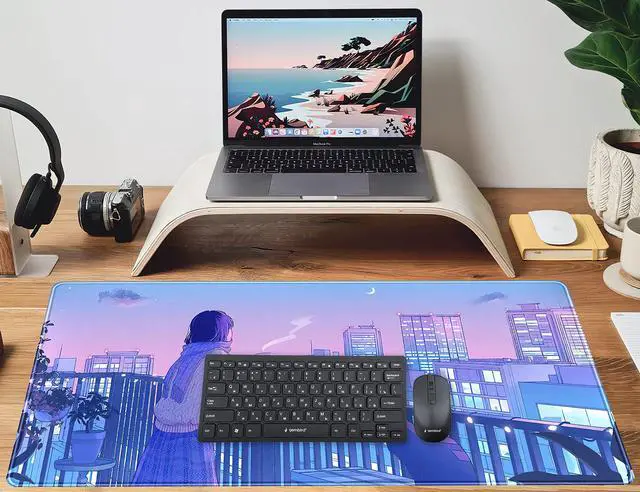 Alt view image 6 of 6 - KEHIPI Purple Anime Kawaii Desk Mat Mousepad Cute Cat XXL Large Gaming Japanese Girly Aesthetic Mouse Pad Tokyo Street Desk Mat 31.5x15.75 in, Girl Gamer Desktop Mat Computer Laptop Keyboard Mouse Mat