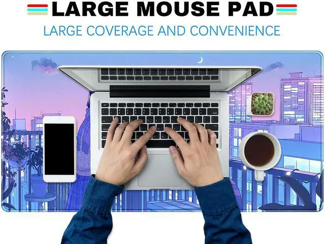 Alt view image 4 of 6 - KEHIPI Purple Anime Kawaii Desk Mat Mousepad Cute Cat XXL Large Gaming Japanese Girly Aesthetic Mouse Pad Tokyo Street Desk Mat 31.5x15.75 in, Girl Gamer Desktop Mat Computer Laptop Keyboard Mouse Mat