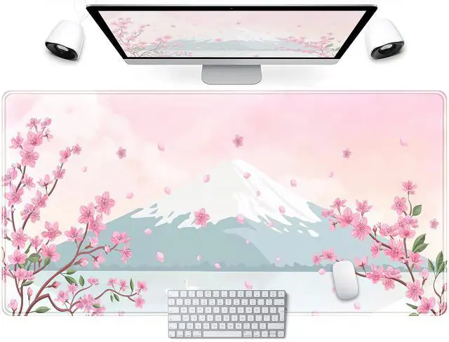 Main image of KEHIPI Japanese Desk Mat Pastel Pink Cherry Blossom Mouse Pad Mt Fuji Japan Large Gaming Anime Mousepad XXL 31.5x15.75 in, Kawaii Aesthetic Flower Cute Women Office Decor Computer Laptop Keyboard Mat