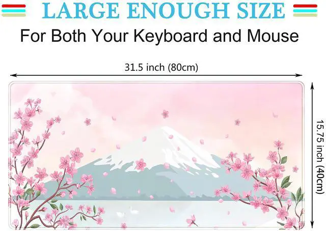 Alt view image 3 of 6 - KEHIPI Japanese Desk Mat Pastel Pink Cherry Blossom Mouse Pad Mt Fuji Japan Large Gaming Anime Mousepad XXL 31.5x15.75 in, Kawaii Aesthetic Flower Cute Women Office Decor Computer Laptop Keyboard Mat