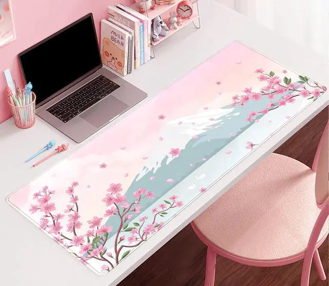 Alt view image 2 of 6 - KEHIPI Japanese Desk Mat Pastel Pink Cherry Blossom Mouse Pad Mt Fuji Japan Large Gaming Anime Mousepad XXL 31.5x15.75 in, Kawaii Aesthetic Flower Cute Women Office Decor Computer Laptop Keyboard Mat