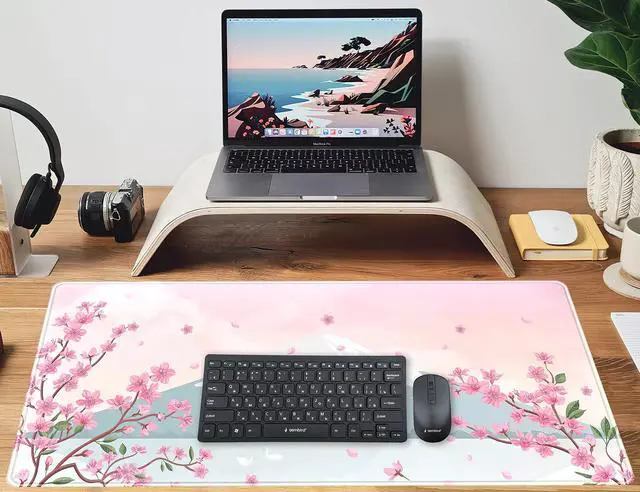 Alt view image 6 of 6 - KEHIPI Japanese Desk Mat Pastel Pink Cherry Blossom Mouse Pad Mt Fuji Japan Large Gaming Anime Mousepad XXL 31.5x15.75 in, Kawaii Aesthetic Flower Cute Women Office Decor Computer Laptop Keyboard Mat