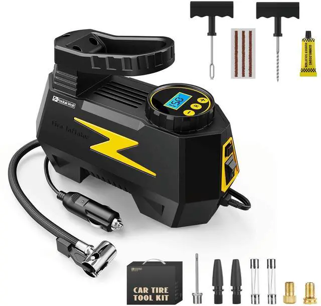 Main image of KEHIPI Tire Plug Repair Kit with 12V DC Tire Inflator, Tire Patch Tool Set Includes Spiral Probe Tool, Insertion Tool, 3 Repair Plugs, and Tire Repair Glue for Cars and Motorcycles (yellow pump)