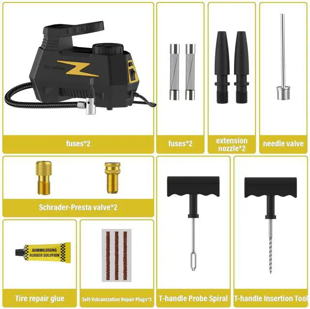 Alt view image 2 of 7 - KEHIPI Tire Plug Repair Kit with 12V DC Tire Inflator, Tire Patch Tool Set Includes Spiral Probe Tool, Insertion Tool, 3 Repair Plugs, and Tire Repair Glue for Cars and Motorcycles (yellow pump)