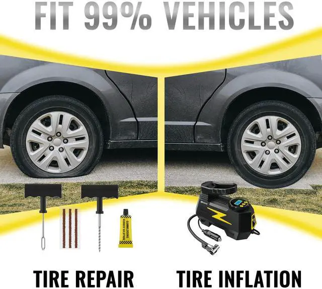 Alt view image 5 of 7 - KEHIPI Tire Plug Repair Kit with 12V DC Tire Inflator, Tire Patch Tool Set Includes Spiral Probe Tool, Insertion Tool, 3 Repair Plugs, and Tire Repair Glue for Cars and Motorcycles (yellow pump)