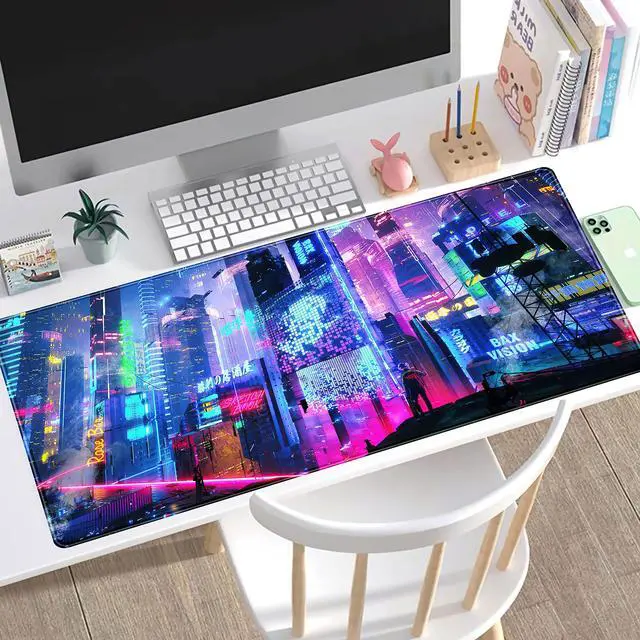 Alt view image 2 of 6 - KEHIPI Japanese Street Desk Mat Futuristic Neon City Print Mouse Pad, Exclusive Desk Mats, XXL Large Gaming Mousepad 31.5"x15.75", Office Decor for Women Girls Keyboard Mat Laptop Computer Mat