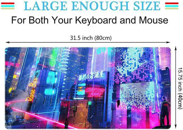 Alt view image 4 of 6 - KEHIPI Japanese Street Desk Mat Futuristic Neon City Print Mouse Pad, Exclusive Desk Mats, XXL Large Gaming Mousepad 31.5"x15.75", Office Decor for Women Girls Keyboard Mat Laptop Computer Mat