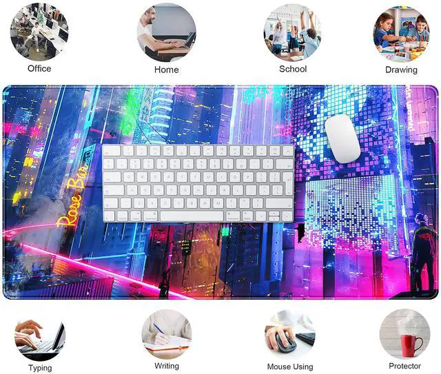 Alt view image 5 of 6 - KEHIPI Japanese Street Desk Mat Futuristic Neon City Print Mouse Pad, Exclusive Desk Mats, XXL Large Gaming Mousepad 31.5"x15.75", Office Decor for Women Girls Keyboard Mat Laptop Computer Mat