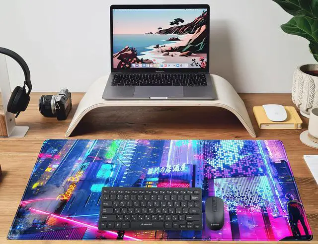 Alt view image 6 of 6 - KEHIPI Japanese Street Desk Mat Futuristic Neon City Print Mouse Pad, Exclusive Desk Mats, XXL Large Gaming Mousepad 31.5"x15.75", Office Decor for Women Girls Keyboard Mat Laptop Computer Mat