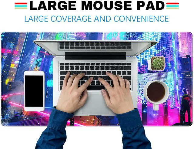 Alt view image 3 of 6 - KEHIPI Japanese Street Desk Mat Futuristic Neon City Print Mouse Pad, Exclusive Desk Mats, XXL Large Gaming Mousepad 31.5"x15.75", Office Decor for Women Girls Keyboard Mat Laptop Computer Mat