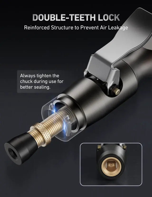 Alt view image 3 of 7 - KEHIPI Air Chuck, No Air Leakage Double Jaws Lock on Tire Chuck, Close Flow Heavy Duty Brass and Stainless Steel Air Chuck with Clips for Inflator Gauge Compressor Accessories, Black