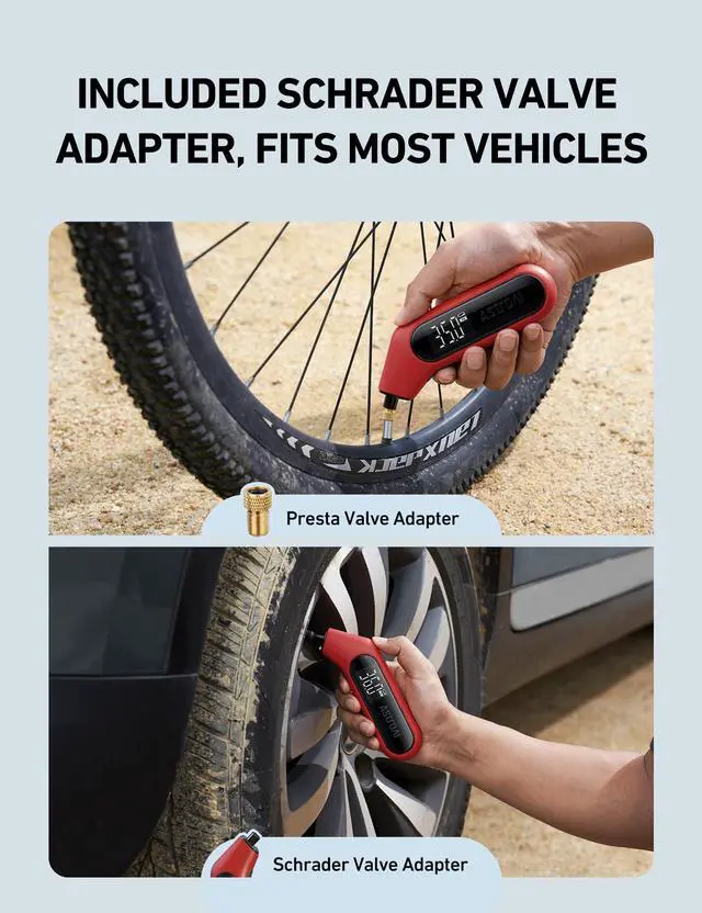 Alt view image 6 of 7 - KEHIPI Digital Tire Pressure Gauge 300PSI Large Screen with Backlight and Flashlight, ANSI 2A High Accuracy, Compatible with Schrader Valves, 4 Units, Presta Valve Adapter Included (Red)