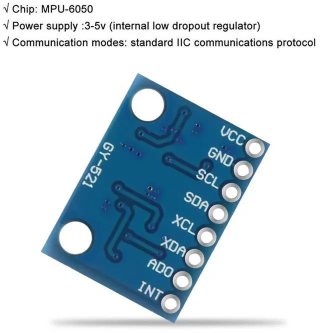 Alt view image 3 of 7 - KEHIPI 5 Pcs GY-521 MPU-6050 MPU6050 Module,6 DOF MPU-6050 3 Axis Accelerometer Gyroscope Sensor Module 16Bit AD Converter Data Output IIC I2C DIY Kit for Arduino (5PCS)