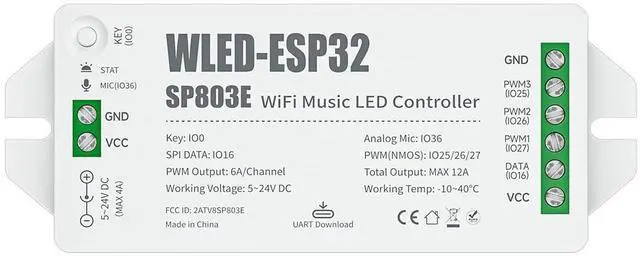 Main image of KEHIPI ESP-32 WLED WiFi Controller SP803E Music Mic DIY Dynamic Modes UART USB Type-C Download for WS2811,WS2812,SK6812,WS2814,WS2815 Addressable LED Strip/Panel,PWM 3CH Control(No Adapter/LED)