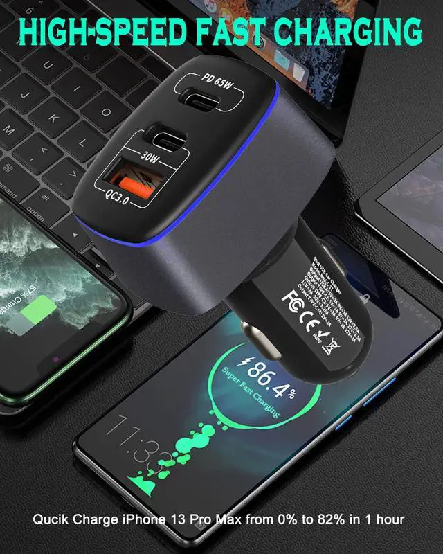 Alt view image 3 of 7 - KEHIPI USB C Car Charger 95W, 3-Port PD 65W PPS 55W QC3.0 30W Fast Car Charger for iPhone 14/13/12/11 Pro Max, Samsung Galaxy, Google Pixel, MacBook/Laptop/iPad, Cigarette Lighter Adapter with Type-C