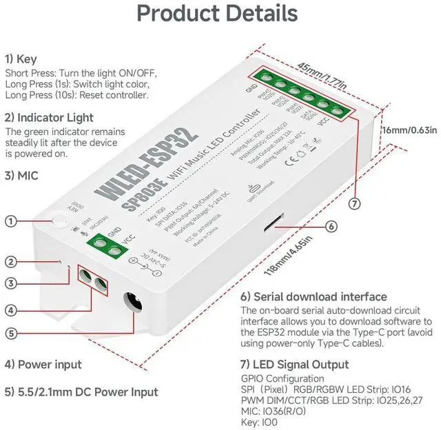 Alt view image 2 of 7 - KEHIPI ESP-32 WLED WiFi Controller SP803E Music Mic DIY Dynamic Modes UART USB Type-C Download for WS2811,WS2812,SK6812,WS2814,WS2815 Addressable LED Strip/Panel,PWM 3CH Control(No Adapter/LED)