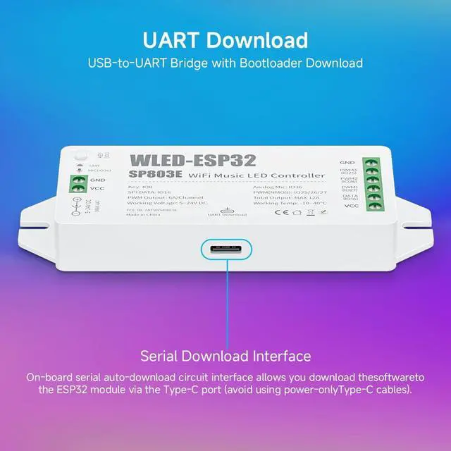 Alt view image 3 of 7 - KEHIPI ESP-32 WLED WiFi Controller SP803E Music Mic DIY Dynamic Modes UART USB Type-C Download for WS2811,WS2812,SK6812,WS2814,WS2815 Addressable LED Strip/Panel,PWM 3CH Control(No Adapter/LED)