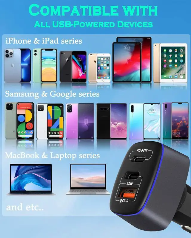 Alt view image 6 of 7 - KEHIPI USB C Car Charger 95W, 3-Port PD 65W PPS 55W QC3.0 30W Fast Car Charger for iPhone 14/13/12/11 Pro Max, Samsung Galaxy, Google Pixel, MacBook/Laptop/iPad, Cigarette Lighter Adapter with Type-C