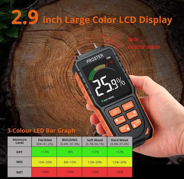 Alt view image 3 of 7 - KEHIPI Rechargeable Moisture Meter with Tri-Colour Display Wall Damp Meter with Visual & Sound Alerts, Professional Damp Detector for Timber, Walls, Cement, and Building Materials