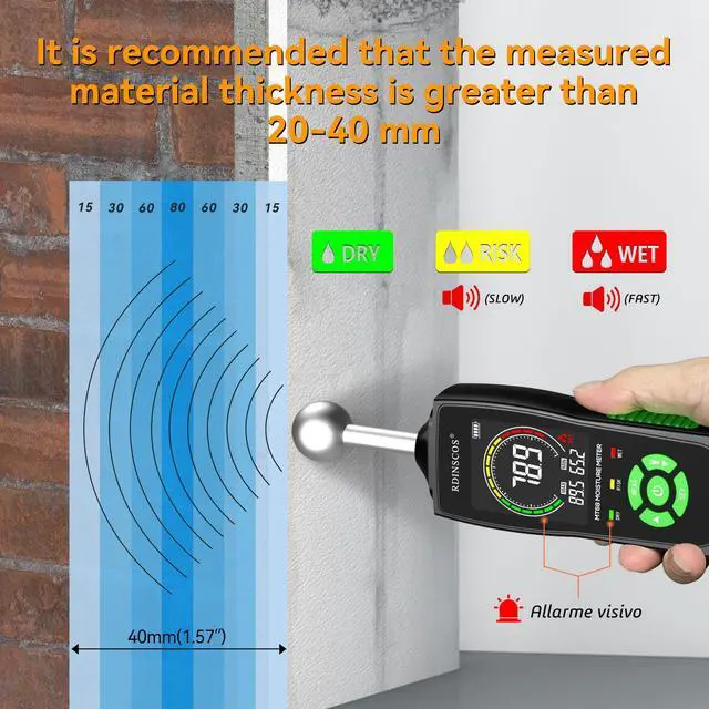 Alt view image 3 of 7 - KEHIPI MT68 Pinless Moisture Meter for Walls and Floors, Non-Invasive Ball Sensor, LED Indicator & LCD Display, Adjustable Alarm, Basement Moisture Detector for Home, RV, Wood
