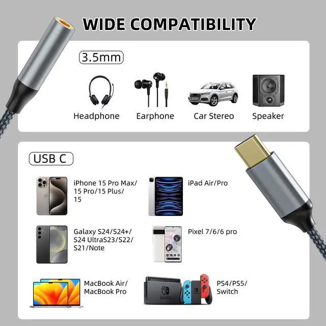 Alt view image 6 of 7 - KEHIPI USB C to 3.5mm Headphone Jack Adapter(2 Pack), USB-C to Aux Audio Dongle Cable for iPhone 17 Pro Max/17 Pro, 16/15 Pro Max, 16/15 Pro, Galaxy S23-S21 Ultra, Pixel, iPad Pro, MacBook (Gray)