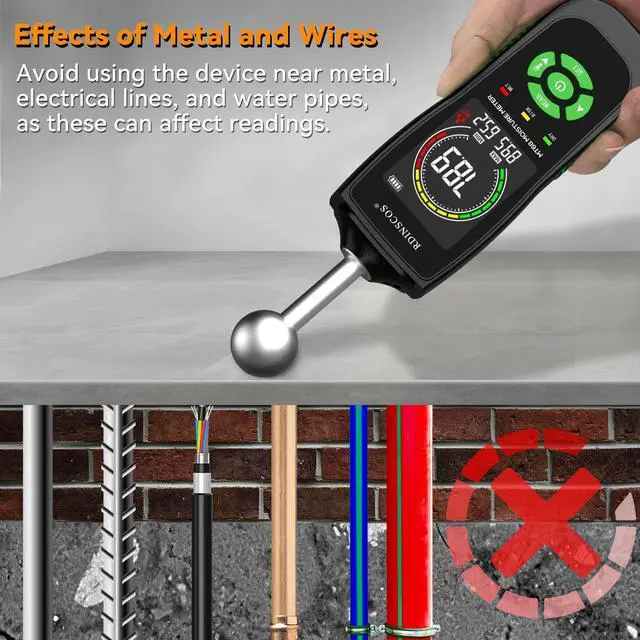 Alt view image 5 of 7 - KEHIPI MT68 Pinless Moisture Meter for Walls and Floors, Non-Invasive Ball Sensor, LED Indicator & LCD Display, Adjustable Alarm, Basement Moisture Detector for Home, RV, Wood