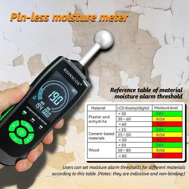 Alt view image 6 of 7 - KEHIPI MT68 Pinless Moisture Meter for Walls and Floors, Non-Invasive Ball Sensor, LED Indicator & LCD Display, Adjustable Alarm, Basement Moisture Detector for Home, RV, Wood