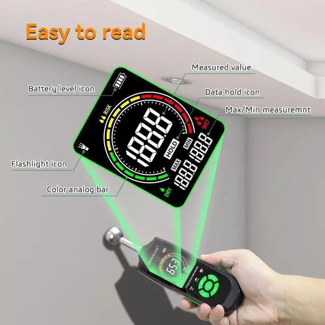 Alt view image 7 of 7 - KEHIPI MT68 Pinless Moisture Meter for Walls and Floors, Non-Invasive Ball Sensor, LED Indicator & LCD Display, Adjustable Alarm, Basement Moisture Detector for Home, RV, Wood