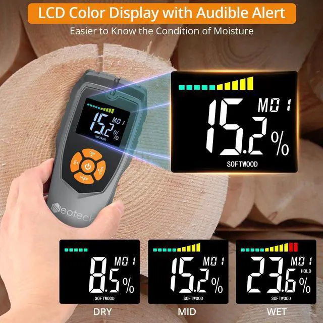 Alt view image 3 of 7 - KEHIPI Pinless Moisture Meter - Non-Destructive Wood & Masonry Moisture Detector with LCD Display & Sound Alarm for Walls, Drywall, Plaster, Floor, Concrete
