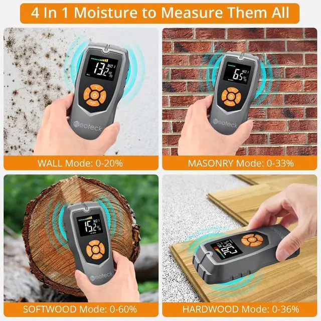Alt view image 4 of 7 - KEHIPI Pinless Moisture Meter - Non-Destructive Wood & Masonry Moisture Detector with LCD Display & Sound Alarm for Walls, Drywall, Plaster, Floor, Concrete