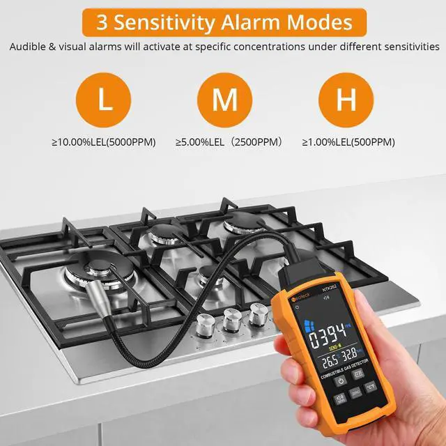 Alt view image 3 of 7 - KEHIPI Natural Gas Detector 0-9999PPM/0%-20% LEL Gas Leak Detector with 12 Gooseneck Combustible Gas Detector with 3 Sensitive Modes Test Methane Propane Gasoline for Gas Pipeline Gas Stove and RV