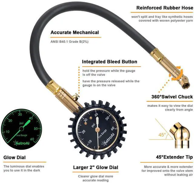 Alt view image 2 of 7 - KEHIPI Tire Pressure Gauge, 0-60 PSI, Certified ANSI B40.1 Accurate with Large 2" Dial Easy to Read for Car, SUV, Truck & Motorcycle