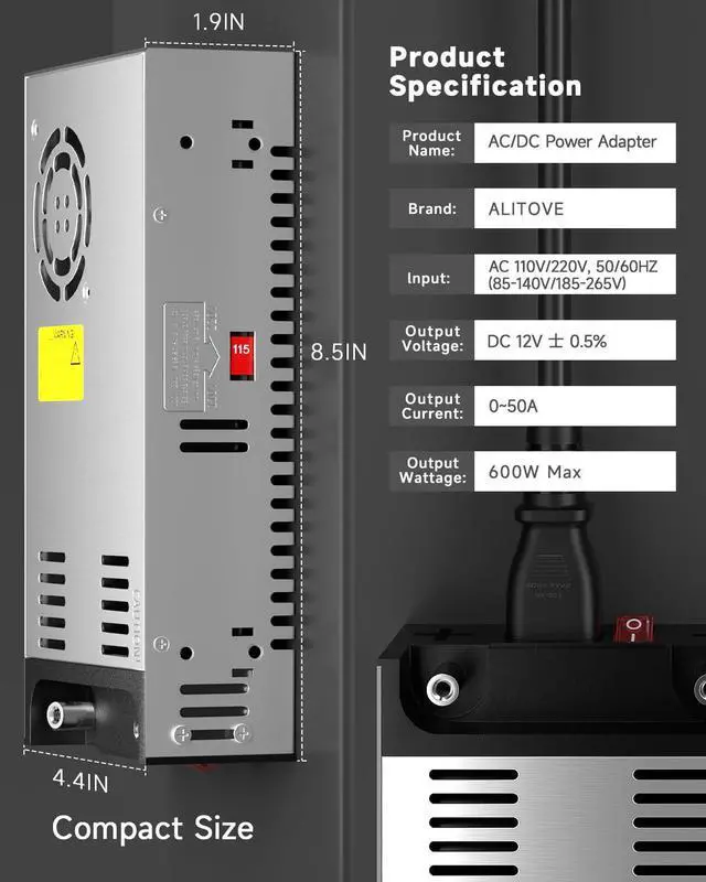 Alt view image 3 of 7 - KEHIPI New Version 110V to 12V AC to DC Converter 50A Switching Power Supply 120V to 12 Volt Converter Transformer 600W with Cigarette Lighter Socket for Diesel Heater LED Light 3D Printer Car Device