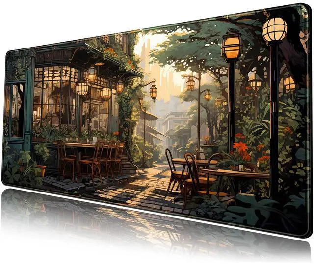 Main image of KEHIPI Nostalgic Peaceful Coffee Shop Desk Mat Retro Art Large Gaming Mouse Pad Anime Mousepad Extended XL Green Plants Aesthetic Desk Pad Laptop Keyboard Mouse Mat 31.5"x11.8" Cute Decor