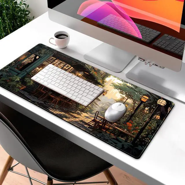 Alt view image 3 of 7 - KEHIPI Nostalgic Peaceful Coffee Shop Desk Mat Retro Art Large Gaming Mouse Pad Anime Mousepad Extended XL Green Plants Aesthetic Desk Pad Laptop Keyboard Mouse Mat 31.5"x11.8" Cute Decor