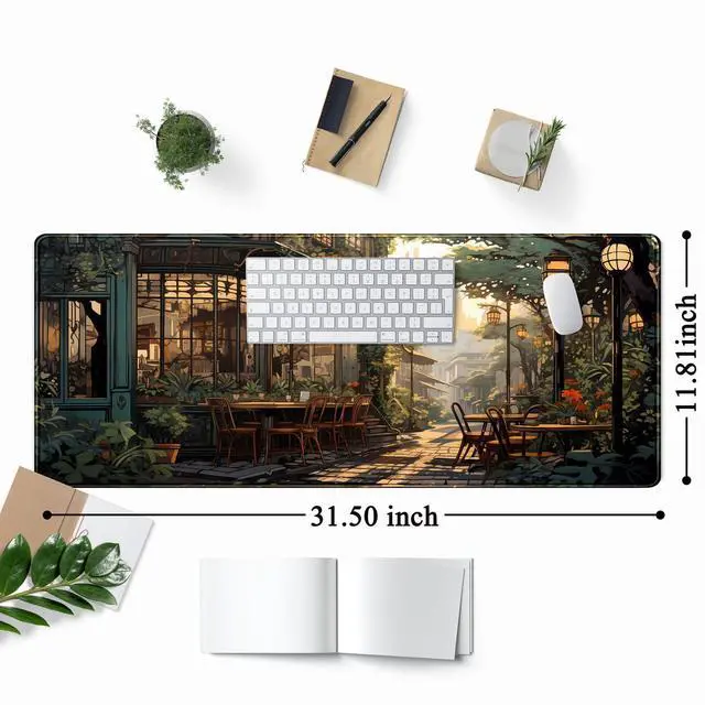 Alt view image 2 of 7 - KEHIPI Nostalgic Peaceful Coffee Shop Desk Mat Retro Art Large Gaming Mouse Pad Anime Mousepad Extended XL Green Plants Aesthetic Desk Pad Laptop Keyboard Mouse Mat 31.5"x11.8" Cute Decor