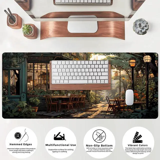 Alt view image 4 of 7 - KEHIPI Nostalgic Peaceful Coffee Shop Desk Mat Retro Art Large Gaming Mouse Pad Anime Mousepad Extended XL Green Plants Aesthetic Desk Pad Laptop Keyboard Mouse Mat 31.5"x11.8" Cute Decor