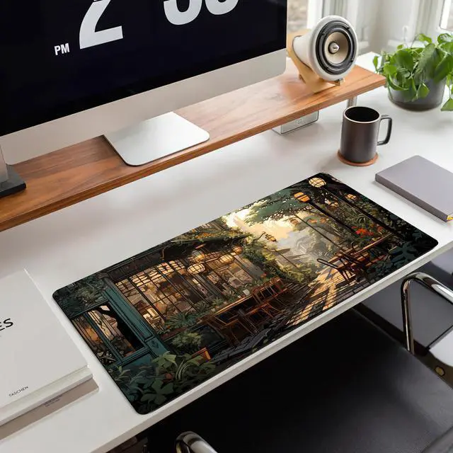 Alt view image 5 of 7 - KEHIPI Nostalgic Peaceful Coffee Shop Desk Mat Retro Art Large Gaming Mouse Pad Anime Mousepad Extended XL Green Plants Aesthetic Desk Pad Laptop Keyboard Mouse Mat 31.5"x11.8" Cute Decor