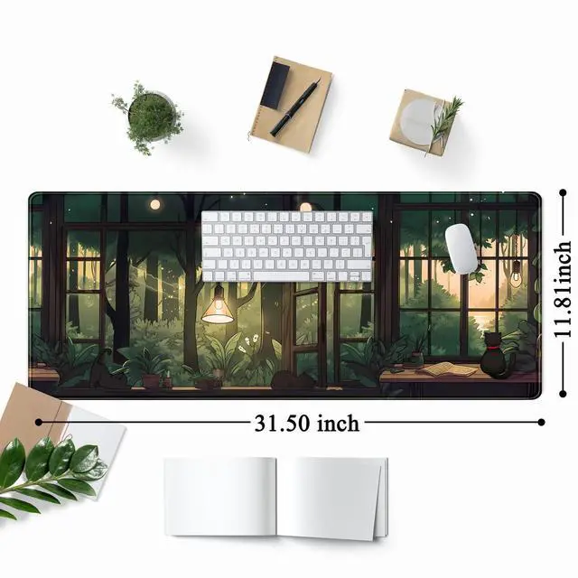 Alt view image 2 of 7 - KEHIPI Cute Lofi Desk Mat Green Plants Mouse Pad Large Black Cat Aesthetic Desk Pad Kawaii Anime Extended Gaming Mousepad XL Laptop Keyboard Mouse Mat Deskmat 31.5"x11.8" Cute Office Decor