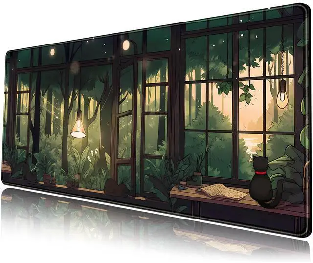 Main image of KEHIPI Cute Lofi Desk Mat Green Plants Mouse Pad Large Black Cat Aesthetic Desk Pad Kawaii Anime Extended Gaming Mousepad XL Laptop Keyboard Mouse Mat Deskmat 31.5"x11.8" Cute Office Decor