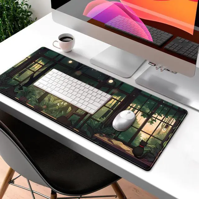 Alt view image 3 of 7 - KEHIPI Cute Lofi Desk Mat Green Plants Mouse Pad Large Black Cat Aesthetic Desk Pad Kawaii Anime Extended Gaming Mousepad XL Laptop Keyboard Mouse Mat Deskmat 31.5"x11.8" Cute Office Decor