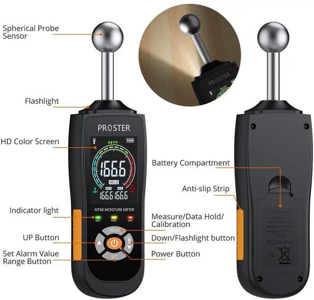 Alt view image 2 of 7 - KEHIPI Spherical Inductive Moisture Meter, 20-40mm Analysis Depth, Non-Destructive Moisture Meter for Wall Wood Masonry Concrete Plaster Building Materials, with Color LCD Alarm Function