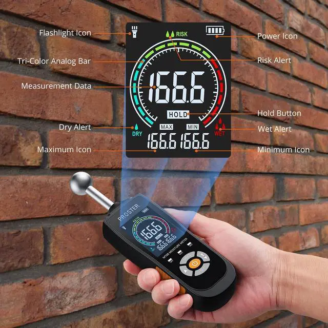 Alt view image 3 of 7 - KEHIPI Spherical Inductive Moisture Meter, 20-40mm Analysis Depth, Non-Destructive Moisture Meter for Wall Wood Masonry Concrete Plaster Building Materials, with Color LCD Alarm Function