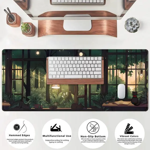 Alt view image 4 of 7 - KEHIPI Cute Lofi Desk Mat Green Plants Mouse Pad Large Black Cat Aesthetic Desk Pad Kawaii Anime Extended Gaming Mousepad XL Laptop Keyboard Mouse Mat Deskmat 31.5"x11.8" Cute Office Decor