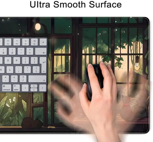 Alt view image 6 of 7 - KEHIPI Cute Lofi Desk Mat Green Plants Mouse Pad Large Black Cat Aesthetic Desk Pad Kawaii Anime Extended Gaming Mousepad XL Laptop Keyboard Mouse Mat Deskmat 31.5"x11.8" Cute Office Decor