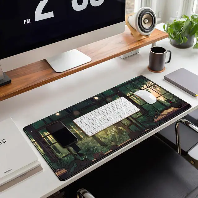 Alt view image 5 of 7 - KEHIPI Cute Lofi Desk Mat Green Plants Mouse Pad Large Black Cat Aesthetic Desk Pad Kawaii Anime Extended Gaming Mousepad XL Laptop Keyboard Mouse Mat Deskmat 31.5"x11.8" Cute Office Decor