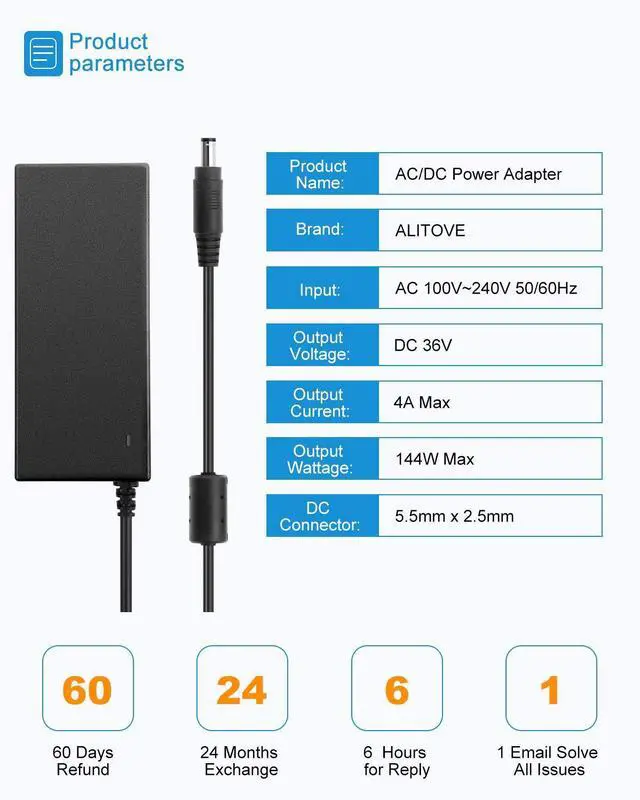 Alt view image 2 of 7 - KEHIPI 36V Power Supply 4A 144W AC/DC Adapter 100~240V AC to DC 36 Volt 4 Amp Converter 36 vdc 4A 3.5A 3A 2A Transformer with 5.5mmx 2.5mm Plug for LED Lights Printer Laser Engraver