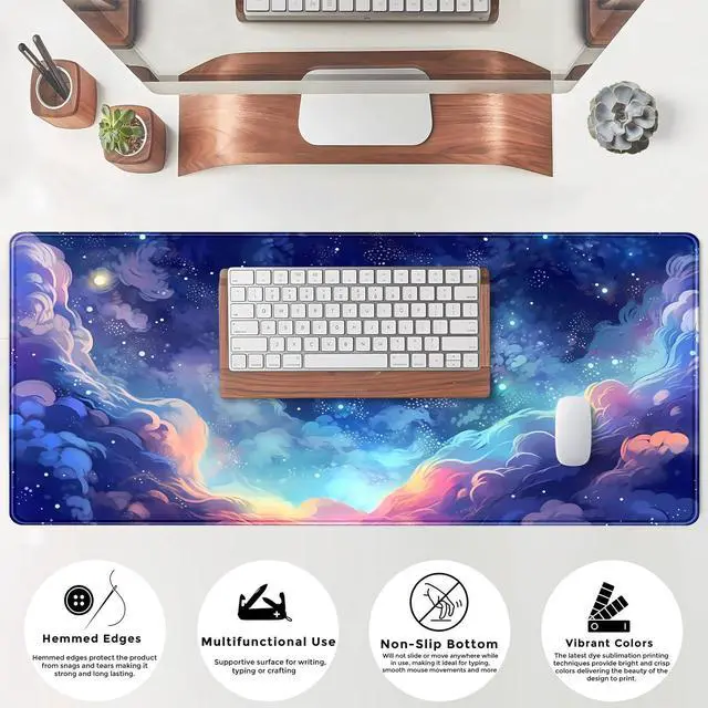 Alt view image 4 of 7 - KEHIPI Pastel Anime Space Desk Mat Nebula View Cute Aesthetic Desk Pad Stars Galaxies Deep Dark Blue Cosmos Large Mouse Pad Extended Gaming Mousepad XL Laptop Keyboard Mouse Mat 31.5"x11.8"