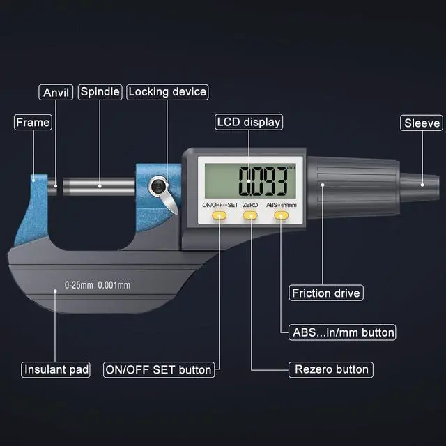Alt view image 3 of 6 - KEHIPI Digital Micrometer, Outside Micrometer Precision Measuring Tool, 0-1"/0-25 mm, Inch/Metric 0.00005"/0.001 mm, Machinist Thickness Gauge Tool, Large LCD Display